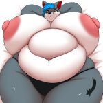  1:1 anthro big_breasts big_nipples black_nose blue_hair breasts canid canine canis clothed clothing deep_navel eyebrows female feral fur green_eyes grey_body grey_fur hair hi_res hidenafox huge_breasts huge_nipples inner_ear_fluff lying mammal navel nipples on_back overweight overweight_anthro overweight_female panties pink_nipples red_inner_ear_fluff simple_background solo tuft underwear white_background wolf 