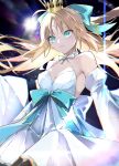  ahoge artoria_caster_(fate) artoria_caster_(swimsuit)_(fate) artoria_pendragon_(fate) bare_shoulders black_pantyhose bow breasts closed_mouth crown dress fate/grand_order fate_(series) green_bow green_eyes green_ribbon hair_bow highres kino_kokko looking_at_viewer pantyhose ribbon shine small_breasts twintails white_dress 
