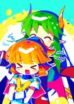  &gt;o&lt; 1boy 1girl ^_^ absurdres arle_nadja armor breastplate brown_hair cape carbuncle_(puyopuyo) closed_eyes coat demon_wings green_hair highres holding long_hair low_wings madou_monogatari offbeat open_mouth pointy_ears ponytail puyopuyo red_cape red_coat satan_(puyopuyo) scared shirt shoulder_armor white_shirt white_wristband wings yellow_horns 