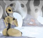  anthro arthropod big_butt butt fan_character hollow_knight hot_spring looking_at_viewer looking_back male nastyfr shodaah_(nastyfr) solo speech_bubble team_cherry water 