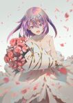  1girl :o alice_gear_aegis bare_shoulders bouquet breasts choker cleavage collarbone commentary dress elbow_gloves flower gloves hair_between_eyes hair_ornament hairclip highres hirasaka_yotsuyu holding holding_bouquet layered_dress long_hair looking_at_viewer medium_breasts motion_blur open_mouth petals pinakes purple_eyes purple_hair red_flower sleeveless sleeveless_dress solo strapless strapless_dress teeth upper_teeth_only wedding_dress white_background white_choker white_dress white_flower white_gloves 