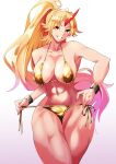  1girl :d bikini bikini_pull blonde_hair breasts cleavage clothes_pull commentary_request fugaku_(miko_no_miyatsuguchi) gradient_background highres horns hoshiguma_yuugi large_breasts long_hair looking_at_viewer navel oni_horns pink_background ponytail pulled_by_self red_horns single_horn smile solo star_(symbol) swimsuit touhou yellow_bikini yellow_eyes 