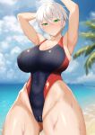  1girl absurdres armpits arms_up beach black_one-piece_swimsuit blue_sky blurry blurry_background breasts cameltoe cleavage closed_mouth cloud commentary_request competition_swimsuit covered_navel covered_nipples cowboy_shot day green_eyes groin highleg highleg_swimsuit highres horizon large_breasts looking_at_viewer ocean one-piece_swimsuit original outdoors palm_tree presenting_armpit ranhatu red_one-piece_swimsuit revision short_hair sky solo standing swimsuit taut_clothes taut_swimsuit thick_thighs thighs tree two-tone_swimsuit wet white_hair wide_hips 