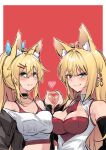  2girls animal_ears bare_shoulders beads between_breasts blonde_hair blush breast_press breasts cevio crop_top dual_persona fox_ears fox_girl green_eyes hair_beads hair_ornament hairpin heart heart_hands heart_hands_duo high_ponytail highres jacket large_breasts long_hair multiple_girls necktie necktie_between_breasts off-shoulder_shirt off_shoulder official_alternate_costume open_clothes open_jacket open_shirt shirt sidelocks smile symmetrical_docking tsurumaki_maki upper_body voiceroid zooanime 