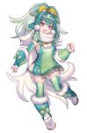  1girl :d absurdres blue_hair blue_hairband blue_thighhighs drampa eyeshadow fang full_body fur-trimmed_footwear fur_trim gradient_hair green_hair green_thighhighs hairband highres katagiri_hachigou leg_up long_hair makeup multicolored_eyes multicolored_hair open_mouth personification pink_eyes pokemon purple_eyes simple_background smile solo standing standing_on_one_leg thighhighs two-tone_hairband two-tone_legwear white_background white_hair white_hairband yellow_eyeshadow zettai_ryouiki 