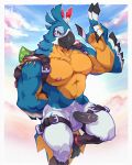  anthro avian avian_feet back_muscles backpack balls blue_body blue_feathers breath_of_the_wild brown_eyes erection feathers genitals gesture hi_res kass_(tloz) male nintendo nipples penis rito solo the_legend_of_zelda v_sign yeensinjeans 