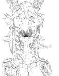  2018 anthro armor bodily_fluids dragon drooling duel_monster fangs hair half-closed_eyes headshot_portrait hi_res horn looking_at_viewer male marcushunter monster narrowed_eyes open_mouth portrait rafale_champion_fur_hire saliva saliva_on_tongue saliva_string scales scalie signature solo teeth tongue tongue_out yu-gi-oh! 