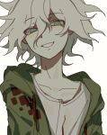  1boy chifurin collarbone danganronpa_(series) danganronpa_2:_goodbye_despair green_jacket grey_eyes grey_hair grey_shirt grin hair_between_eyes highres hood hood_down hooded_jacket jacket komaeda_nagito long_sleeves male_focus medium_hair print_shirt shirt simple_background smile solo teeth upper_body 