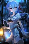  1girl :o ascot black_ascot blue_hair blurry blurry_background blush braid breasts collarbone cowboy_shot crossed_bangs crown_braid dot_nose dutch_angle forest grey_sailor_collar grey_serafuku grey_shirt grey_skirt hair_between_eyes highres holding holding_lantern lantern light_particles long_hair looking_at_viewer nature night outdoors parted_lips pink_eyes pleated_skirt puffy_short_sleeves puffy_sleeves raised_eyebrows sailor_collar school_uniform serafuku shirt shirt_overhang short_sleeves sidelocks skirt small_breasts solo sonchi sorakado_ao summer_pockets tree twintails 