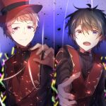  2boys blue_eyes buttons closed_mouth commentary_request ensemble_stars! fingernails hat heterochromia itsuki_shu kagehira_mika male_focus multiple_boys official_alternate_costume open_mouth partial_commentary pink_hair purple_eyes short_bangs short_hair string tears teeth top_hat upper_body upper_teeth_only valkyrie_(ensemble_stars!) yam_niku yellow_eyes 