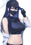  1girl absurdres armband bare_shoulders baseball_cap belt black_belt black_gloves black_hair black_headwear black_mask black_shirt blue_archive blue_eyes blue_hair blunt_bangs breasts chest_harness coat colored_inner_hair commentary covered_collarbone covered_mouth cowboy_shot crop_top elrin gloves halo hand_up harness hat highres large_breasts long_hair looking_at_viewer mask midriff mouth_mask multicolored_hair navel off_shoulder saori_(blue_archive) shirt simple_background sleeveless sleeveless_shirt solo standing taut_clothes taut_shirt two-tone_hair underbust white_background white_coat 