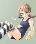  1girl :d bare_arms bare_shoulders blue_one-piece_swimsuit blush braid breasts brown_hair collarbone commentary_request fang feet_out_of_frame glasses green_background green_eyes heart highres knees_together_feet_apart long_hair looking_at_viewer low_twintails old_school_swimsuit one-piece_swimsuit original red-framed_eyewear school_swimsuit shibacha simple_background small_breasts smile solo striped striped_thighhighs swimsuit thighhighs twin_braids twintails 