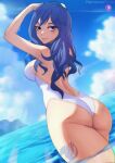  1girl ass blue_eyes blue_hair blue_sky blush breasts fairy_tail fairy_tail_logo funi_xd hands_in_hair highres juvia_lockser looking_at_viewer looking_back mountainous_horizon ocean one-piece_swimsuit partially_submerged patreon_logo patreon_username sideboob sky smile summer swimsuit thighs white_one-piece_swimsuit 