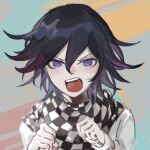  1boy :d angry black_hair checkered_clothes checkered_scarf clenched_hands danganronpa_(series) danganronpa_v3:_killing_harmony grey_jacket hands_up highres jacket long_sleeves looking_at_viewer male_focus multicolored_hair oma_kokichi portrait purple_eyes scarf smile solo teeth two-tone_hair upper_teeth_only xiangdao_jiu_wenyi_fuxing_yixia 
