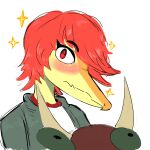  1:1 absurd_res anthro blush clothed clothing compsognathid compsognathus dinosaur fake_horns female hair hat headgear headwear hi_res looking_at_viewer red_hair reptile rsmania5 scales scalie schizo_chan_(snoot_game) shirt simple_background snoot_game snout solo sparkles tan_body tan_scales theropod topwear 