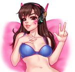  1girl bare_shoulders bikini blue_bikini blushyspicy breasts brown_eyes brown_hair collarbone d.va_(overwatch) hand_on_own_chest hands_up headphones highres large_breasts long_hair navel overwatch pink_background red_lips smile solo swimsuit teeth upper_body w white_background 
