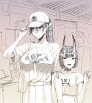  2girls adjusting_clothes adjusting_headwear alternate_hairstyle bag baseball_cap bob_cut breasts collar commentary_request contemporary crop_top cropped_shirt dated fangs fate/grand_order fate_(series) greyscale handbag hat horns large_breasts minamoto_no_raikou_(fate) monochrome multiple_girls nervous oni_horns pointing shirt shuten_douji_(fate) signature skin-covered_horns skirt sweatdrop t-shirt table tented_shirt titiduki_(manman-ya) 