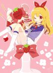  1girl aikatsu! aikatsu!_(series) blonde_hair blue_jacket boots bow commentary_request dated food fruit full_body hair_bow hairband happy_birthday high_heel_boots high_heels highres holding holding_food holding_spoon hoshimame_mana hoshimiya_ichigo jacket knee_boots long_hair long_sleeves looking_at_viewer neck_ribbon one_eye_closed pink_background pleated_skirt red_eyes red_ribbon ribbon school_uniform shirt single_stripe sitting skirt smile solo spoon starlight_academy_school_uniform strawberry strawberry_parfait strawberry_pocky tongue tongue_out white_footwear white_shirt white_skirt 