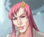  1girl blue_eyes blurry blurry_background cirenk gundam gundam_seed head_tilt highres kazuya_guy_(meme) lacus_clyne looking_at_viewer meme pink_hair pink_lips portrait shirt smile solo thick_lips v-shaped_eyebrows white_shirt 