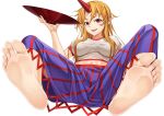  1girl absurdres barefoot blonde_hair breasts cup feet foot_focus highres horns hoshiguma_yuugi looking_at_viewer open_mouth pointy_ears red_eyes sakazuki simple_background single_horn soles solo toes touhou white_background xo_(xo17800108) 