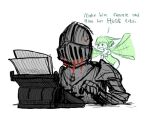  1boy 1girl armor black_souls blood blood_on_face english_text fairy green_hair green_leotard grimm_(black_souls) helm helmet jokezm leaf_(black_souls) leotard open_mouth paper pointing simple_background sketch typewriter upper_body white_background wings 