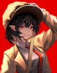  1girl absurdres black_hair brown_coat brown_headwear coat collared_shirt hair_between_eyes hat highres long_sleeves necktie open_clothes open_coat open_mouth pointy_ears red_background red_eyes red_necktie shameimaru_aya shameimaru_aya_(newsboy) shirt short_hair simple_background smile solo touhou upper_body white_shirt yuhel 