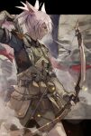  1girl animal_ears arrow_(projectile) ashes belt_pouch bow_(weapon) cat_ears cat_girl facial_mark fatigues final_fantasy final_fantasy_xiv from_side highres letterboxed m&#039;naago miqo&#039;te mogayama outside_border ponytail pouch quiver short_hair shoulder_guard smoke solo tan weapon 