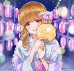  1girl blurry blush bokeh bracelet braid brown_hair citron_(mmc1928_r) depth_of_field floral_print hair_ornament hand_fan head_tilt highres holding holding_fan idolmaster idolmaster_cinderella_girls japanese_clothes jewelry kimono looking_at_viewer moroboshi_kirari outdoors outline paper_fan print_kimono sidelocks smile solo star_(symbol) star_hair_ornament upper_body white_outline yukata 