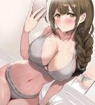  absurdres ahoge ariaridoradora ass bare_shoulders blush bra braid braided_ponytail breasts brown_hair cleavage covered_nipples dutch_angle grey_bra grey_panties hair_over_shoulder highres holding holding_phone huge_ahoge idolmaster idolmaster_shiny_colors kuwayama_chiyuki large_breasts looking_at_viewer mirror navel panties phone reflection selfie side_ponytail sidelocks sitting spaghetti_strap sports_bikini stomach sweat underwear underwear_only wet 