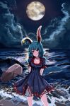 1girl animal_ears arms_behind_back beach bloomers blue_dress blue_hair blush blush_stickers cloud cloudy_sky cowboy_shot crescent crescent_print danlamdae dress earclip frilled_dress frilled_sleeves frills full_moon head_tilt highres holding kine long_hair looking_at_viewer mallet moon moonlight night night_sky ocean outdoors puffy_short_sleeves puffy_sleeves rabbit_ears red_eyes seiran_(touhou) short_sleeves sky smile solo standing star_(symbol) star_print touhou underwear waves white_bloomers 