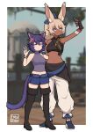 2girls animal_ear_fluff animal_ears bare_shoulders black_footwear blue_footwear blue_shorts blurry blurry_background boots braid breasts brown_hair cat_ears cat_girl cat_tail cellphone closed_mouth commentary dark-skinned_female dark_skin depth_of_field english_commentary facial_mark final_fantasy final_fantasy_xiv freydraws hair_between_eyes holding holding_phone miqo&#039;te multiple_girls navel original pants phone ponytail puffy_pants purple_eyes purple_hair purple_shirt rabbit_ears selfie shirt shoes short_shorts shorts sleeveless sleeveless_shirt small_breasts smile tail thigh_boots warrior_of_light_(ff14) white_pants 