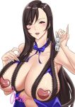  1girl bagjaoppay black_hair blue_bow blue_dress blush bow breasts cleavage condom dress final_fantasy final_fantasy_vii hands_up highres holding holding_condom large_breasts lingerie long_hair parted_lips pasties red_eyes signature solo tifa_lockhart underwear upper_body 