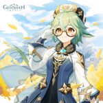  1girl absurdres adjusting_eyewear blue_dress blue_sky cloud commentary copyright_name day dress genshin_impact glasses gloves green_hair hand_up hat highres long_sleeves official_art shrug_(clothing) sky solo sucrose_(genshin_impact) upper_body white_gloves yellow_eyes 