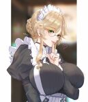 1girl ade_(nikke) apron arm_between_breasts artist_name between_breasts blonde_hair blurry bow bowtie braid breasts chest_harness depth_of_field eyewear_strap finger_to_mouth glasses goddess_of_victory:_nikke green_eyes harness heart highres huge_breasts juliet_sleeves konpeito_416 light_blush lips long_sleeves maid maid_headdress nose parted_lips puffy_sleeves shushing sidelocks solo upper_body white_bow white_bowtie 