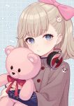  1girl blonde_hair blue_background blue_eyes blue_jacket blush bow brown_coat closed_mouth coat commentary_request earrings hair_bow hair_ornament headphones headphones_around_neck highres holding holding_stuffed_toy jacket jewelry long_sleeves looking_at_viewer master_detective_archives:_rain_code pink_bow pout pucci_lavmin rabbit_hair_ornament red_bow shiromikan short_hair solo stuffed_animal stuffed_toy teddy_bear upper_body 