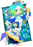  1girl :d bare_shoulders baseball baseball_mitt baseball_uniform blue_hair blue_shirt blue_shorts blush chuppe clothing_cutout commentary_request cropped_legs cropped_shirt fang green_eyes green_hair hand_on_own_hip hand_up idol_clothes idol_time_pripara looking_at_viewer midriff moudoku_(decopon3rd) multicolored_hair nijiiro_nino open_mouth pleated_skirt pretty_(series) pripara salute shirt short_hair short_sleeves shorts shoulder_cutout skirt smile solo sportswear standing two-tone_hair v-shaped_eyebrows visor_cap 