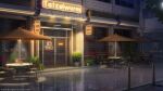  3d artist_name booth_seating chair dragon entrance highres moonlight night no_humans original outdoors plant potted_plant restaurant road scenery shadow sign street surafin table umbrella 