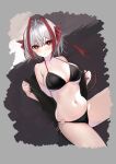  1girl ahoge arknights bikini black_bikini black_shirt blush breasts demon_girl demon_horns demon_tail grey_hair hige_qr highres horns large_breasts looking_at_viewer navel o-ring o-ring_bikini open_clothes open_shirt parted_lips red_eyes shirt short_hair simple_background stomach swimsuit tail thighs w_(arknights) 
