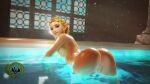  2023 absurd_res bath bathhouse bent_over bite biting_lip biting_own_lip blonde_hair breasts butt female genitals hair hi_res humanoid humanoid_pointy_ears hylian looking_back naga6kiwi nintendo nipples not_furry nude nude_female princess_zelda pussy rear_view solo solo_focus the_legend_of_zelda water 