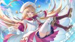  1girl blonde_hair blurry boots braid cape cloud cloudy_sky day full_body gold_trim hat highres kamihime_project knee_boots long_hair long_sleeves looking_at_viewer official_art open_mouth outdoors outstretched_arms petals pleated_skirt simple_background skirt sky smile solo spread_arms thighhighs thighs tomose_shunsaku twin_braids wide_sleeves 