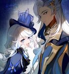  1boy 1girl 2023 blue_background blue_eyes blue_hair blue_headwear colored_inner_hair dated facing_another facing_to_the_side focalors_(genshin_impact) genshin_impact grey_hair hat highres long_hair looking_at_viewer mini_hat mini_top_hat multicolored_background multicolored_hair neuvillette_(genshin_impact) pink_eyes pointy_ears rokuon top_hat twitter_username wavy_hair white_background white_hair 
