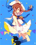  1girl blue_background blue_socks braid brown_eyes brown_hair closed_mouth expressionless facing_to_the_side long_sleeves looking_at_viewer low_twin_braids lucarios male_focus oounabara_to_wadanohara shirt skirt socks solo triangle twin_braids wadanohara white_headwear white_shirt white_skirt 