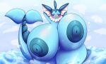  anthro areola big_breasts blue_areola blue_body blue_nipples blush breasts canid canine digital_media_(artwork) domestic_cat eeveelution felid feline felis female female/female generation_1_pokemon genitals hi_res huge_breasts looking_at_viewer mammal nintendo nipples nude pokemon pokemon_(species) pussy smile solo thiccbuns vaginal vaporeon 