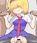  1girl 3boys alice_margatroid bar_censor between_breasts black_pantyhose blonde_hair blue_dress breasts capelet censored clenched_teeth clothed_sex clothing_aside collared_capelet commentary cookie_(touhou) cowboy_shot double_handjob dress frilled_hairband frills gangbang grey_background group_sex hair_between_eyes hair_over_eyes hairband handjob hetero hospital_king jigen_(cookie) long_bangs medium_breasts medium_hair multiple_boys necktie necktie_between_breasts panties panties_aside pantyhose penis pussy red_hairband red_necktie red_sash sash sex simple_background solo_focus teeth textless_version torn_clothes torn_pantyhose touhou underwear vaginal white_capelet white_panties 
