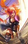  1girl awakened_shez_(female) breasts cleavage commission daniel_deng dual_wielding fire_emblem fire_emblem:_three_houses fire_emblem_warriors:_three_hopes glowing glowing_eyes glowing_hair gradient_hair hair_bun hair_over_one_eye highres holding horns large_breasts long_hair looking_at_viewer multicolored_hair open_mouth purple_hair shez_(female)_(fire_emblem) shez_(fire_emblem) single_hair_bun slashing solo sword weapon 