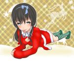  1girl ass black_hair blue_bow blue_eyes blue_ribbon blush bow breasts christmas cleavage cleavage_cutout clothing_cutout commentary deer dot_nose fur_trim green_socks long_hair long_sleeves looking_at_viewer lying medium_breasts neck_ribbon on_stomach ribbon saten_ruiko shin_(highest1192) smile snowflakes socks solo star_(symbol) striped striped_socks toaru_kagaku_no_railgun toaru_majutsu_no_index tongue tongue_out yellow_background 