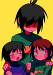 1boy 1girl 1other black_hair blue_shirt brown_hair chara_(undertale) clenched_hands closed_eyes closed_mouth deltarune fingernails frisk_(undertale) frown green_shirt hair_over_eyes hand_on_another&#039;s_shoulder heart heart_necklace highres jewelry kris_(deltarune) long_sleeves marking_on_cheek menma_(enaic31) necklace open_mouth pink_eyes shaded_face shirt short_hair striped striped_shirt undertale yellow_background 