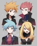  1girl 3boys black_shirt blonde_hair blue_eyes blue_hair blue_oak breasts cynthia_(pokemon) hair_ornament happy highres holding lance_(pokemon) long_hair looking_at_viewer multiple_boys open_mouth orange_hair pokemon pokemon_(game) pokemon_dppt pokemon_hgss pokemon_oras pokemon_rgby red_hair shirt smile steven_stone touyarokii twitter_username 