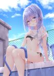  1girl absurdres bikini black_bikini blue_eyes blue_hair blue_sky blush breasts bucket chain-link_fence clothes_lift cloud commentary_request day feet_out_of_frame fence front-tie_top gochuumon_wa_usagi_desu_ka? hair_between_eyes highres hose kafuu_chino kouda_suzu lifted_by_self long_hair looking_at_viewer navel outdoors parted_lips see-through shirt shirt_lift side-tie_bikini_bottom sky small_breasts solo swimsuit very_long_hair water wet wet_clothes wet_shirt white_shirt 