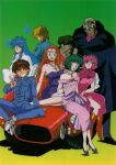  2boys 6+girls aqua_eyes aqua_hair blonde_hair blue_eyes blue_hair boots breasts brown_hair car cleavage dress earrings ghost ghost_sweeper_mikami gloves green_background green_eyes green_hair grey_hair grin headband highres himuro_kinu jewelry jumpsuit long_hair looking_at_viewer maria_(ghost_sweeper_mikami) mikami_reiko motor_vehicle multiple_boys multiple_girls necklace non-web_source official_art one_eye_closed open_mouth orange_hair pietro_de_bloodeau pink_dress pink_hair purple_dress red_footwear retro_artstyle shoes short_hair sitting smile sneakers standing strapless strapless_dress v white_gloves yokoshima_tadao 